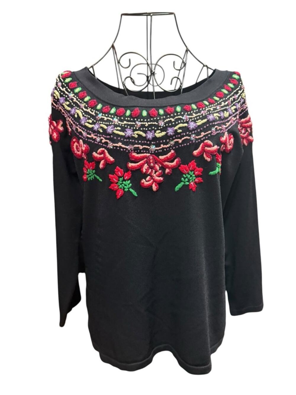 Cabo Black Embroidered Scoop Neck Sweater with Red Floral Detail XL